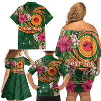 Manuʻa Islands Family Matching Off Shoulder Short Dress and Hawaiian Shirt Polynesian Art Tattoo Style and Tropical Plants