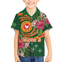 Manuʻa Islands Family Matching Off Shoulder Short Dress and Hawaiian Shirt Polynesian Art Tattoo Style and Tropical Plants