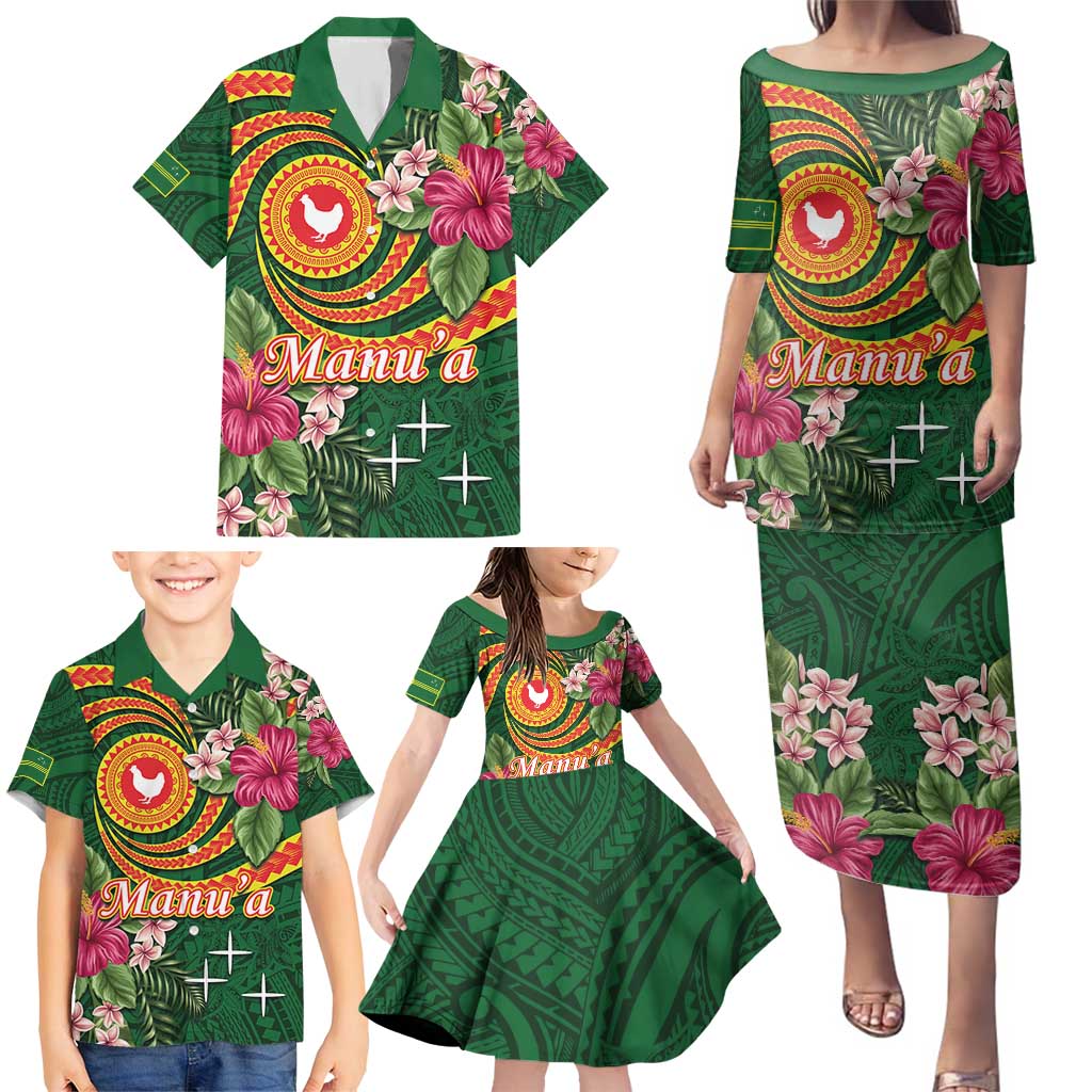 Manuʻa Islands Family Matching Puletasi and Hawaiian Shirt Polynesian Art Tattoo Style and Tropical Plants