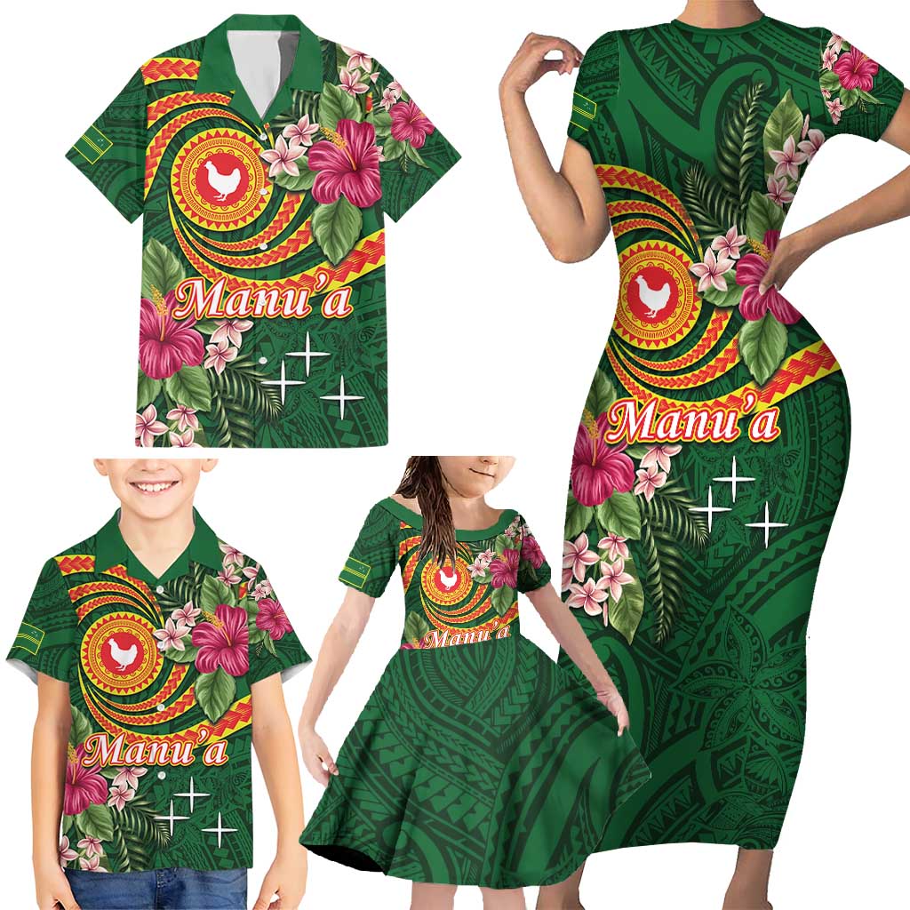 Manuʻa Islands Family Matching Short Sleeve Bodycon Dress and Hawaiian Shirt Polynesian Art Tattoo Style and Tropical Plants