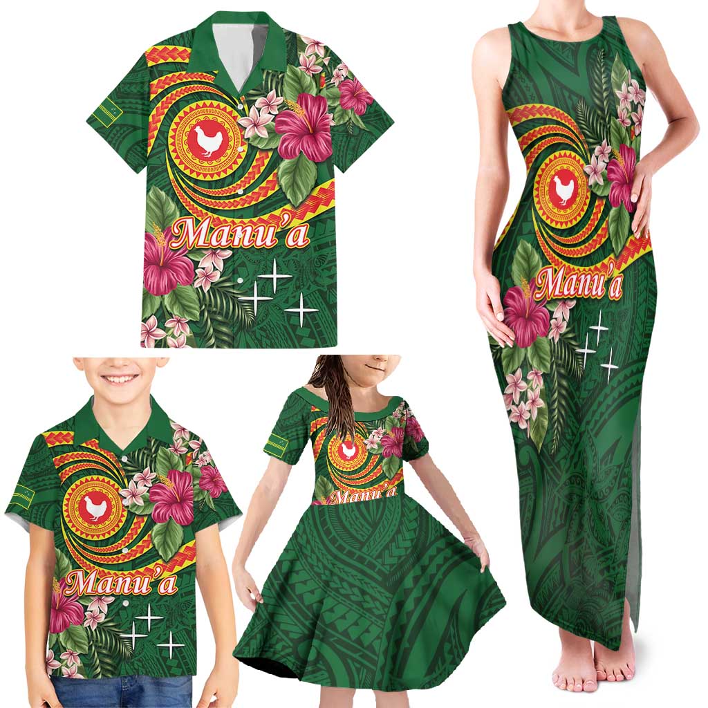 Manuʻa Islands Family Matching Tank Maxi Dress and Hawaiian Shirt Polynesian Art Tattoo Style and Tropical Plants