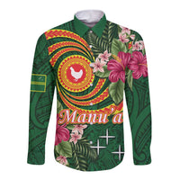 Personalised Manuʻa Islands Long Sleeve Button Shirt Polynesian Art Tattoo Style and Tropical Plants LT03 Unisex Green - Polynesian Pride