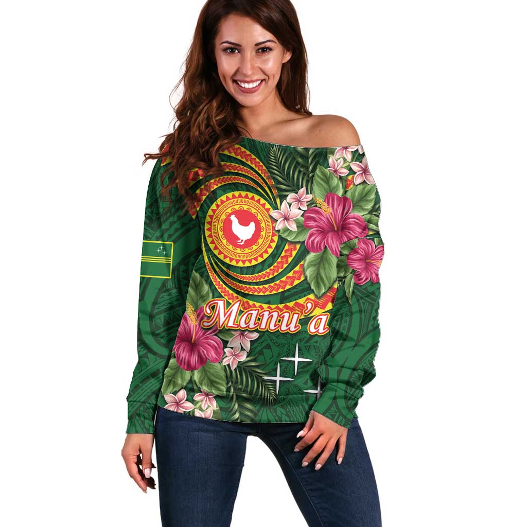 Personalised Manuʻa Islands Off Shoulder Sweater Polynesian Art Tattoo Style and Tropical Plants LT03 Women Green - Polynesian Pride