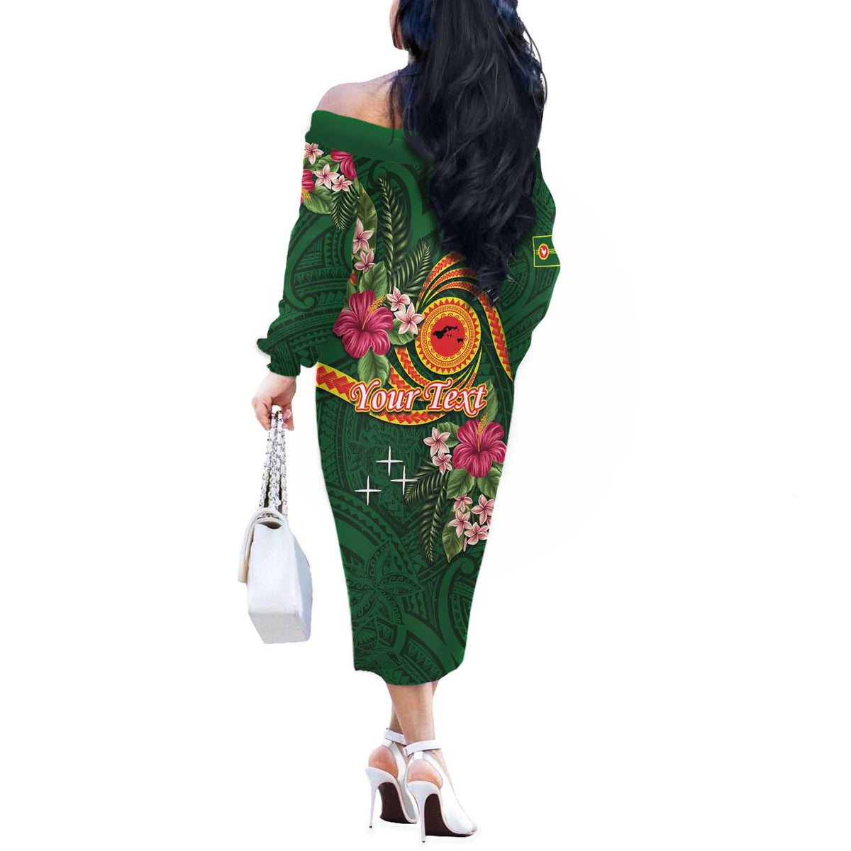 Manuʻa Islands Off The Shoulder Long Sleeve Dress Polynesian Art Tattoo Style and Tropical Plants