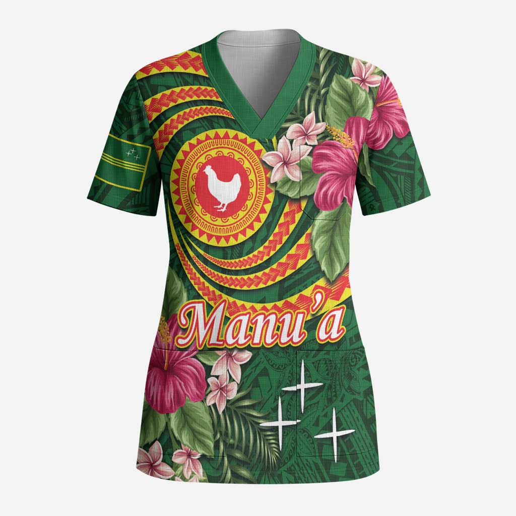 Manuʻa Islands Scrub Top Polynesian Art Tattoo Style and Tropical Plants LT03 Adult Green - Polynesian Pride