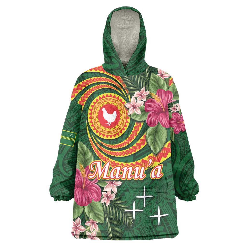 Manuʻa Islands Wearable Blanket Hoodie Polynesian Art Tattoo Style and Tropical Plants