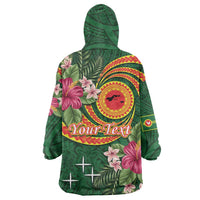 Manuʻa Islands Wearable Blanket Hoodie Polynesian Art Tattoo Style and Tropical Plants