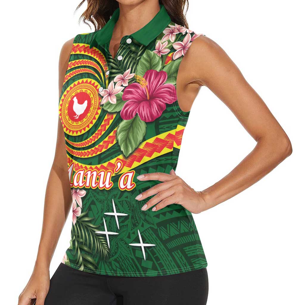 Manuʻa Islands Women Sleeveless Polo Shirt Polynesian Art Tattoo Style and Tropical Plants