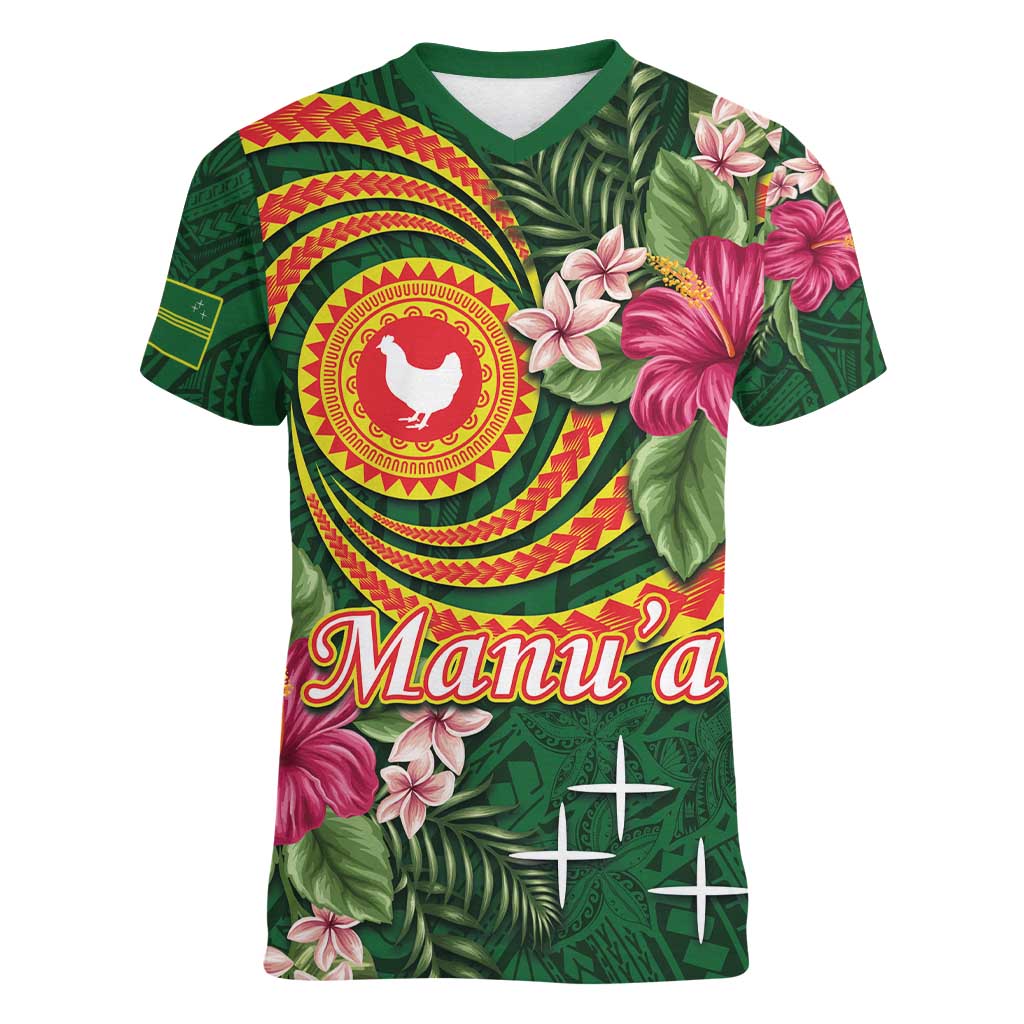 Manuʻa Islands Women V-Neck T-Shirt Polynesian Art Tattoo Style and Tropical Plants