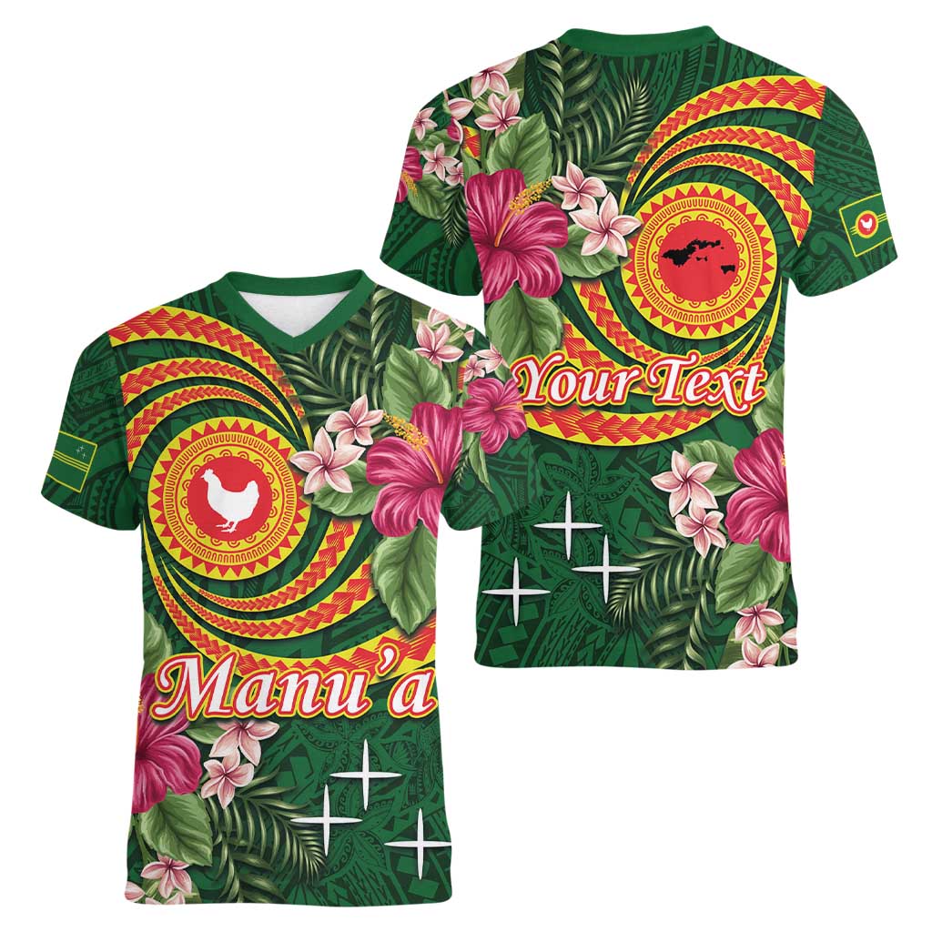 Manuʻa Islands Women V-Neck T-Shirt Polynesian Art Tattoo Style and Tropical Plants