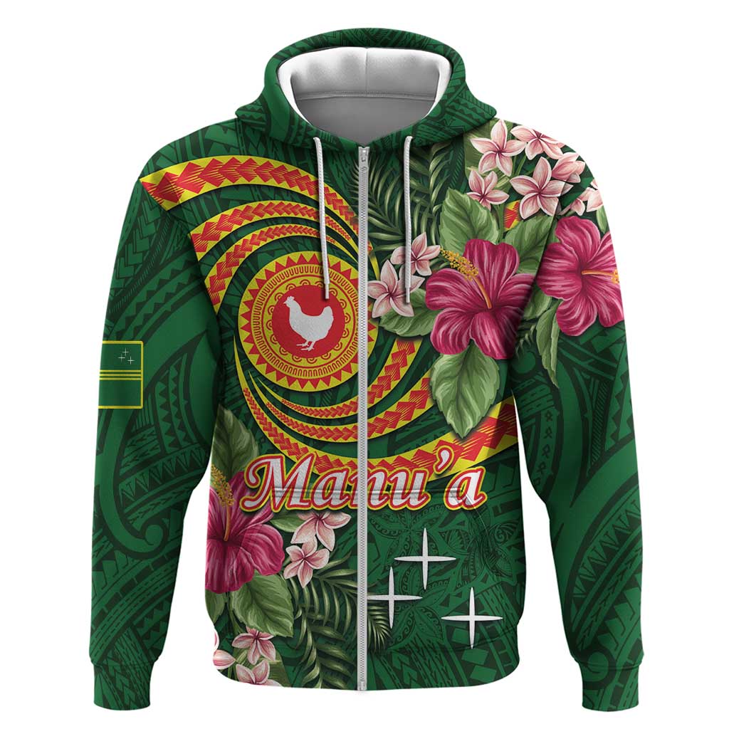 Personalised Manuʻa Islands Zip Hoodie Polynesian Art Tattoo Style and Tropical Plants LT03 Zip Hoodie Green - Polynesian Pride