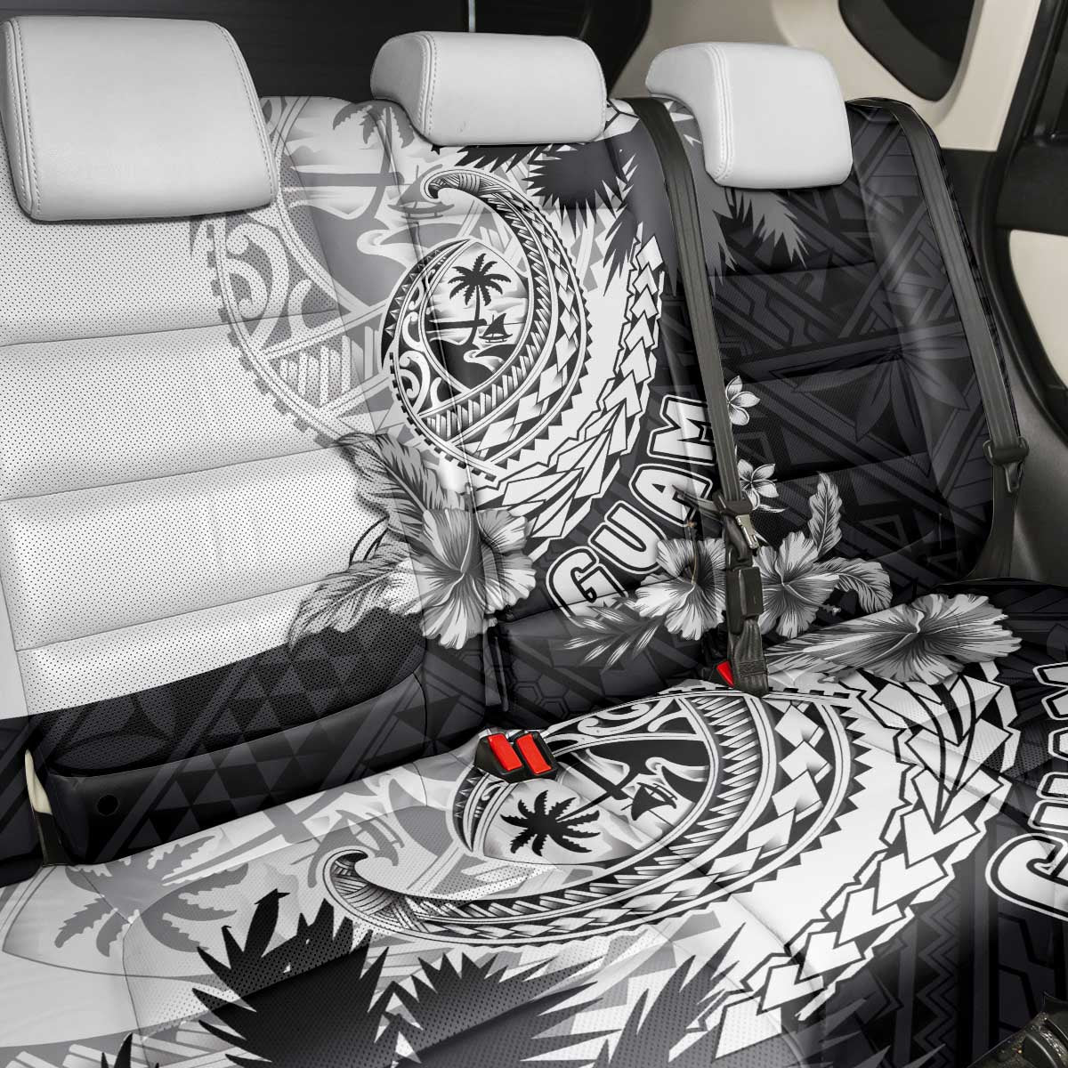 Hafa Adai Guam Back Car Seat Cover Polynesian Palm Tree Tattoo Hibiscus and Plumeria Art