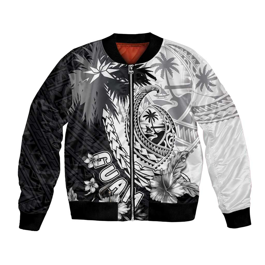 Hafa Adai Guam Bomber Jacket Polynesian Palm Tree Tattoo Hibiscus and Plumeria Art LT03 Unisex Black - Polynesian Pride