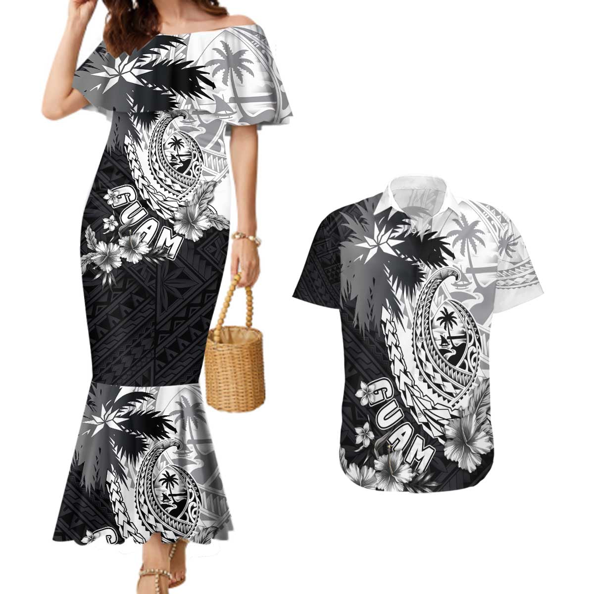 Hafa Adai Guam Couples Matching Mermaid Dress and Hawaiian Shirt Polynesian Palm Tree Tattoo Hibiscus and Plumeria Art