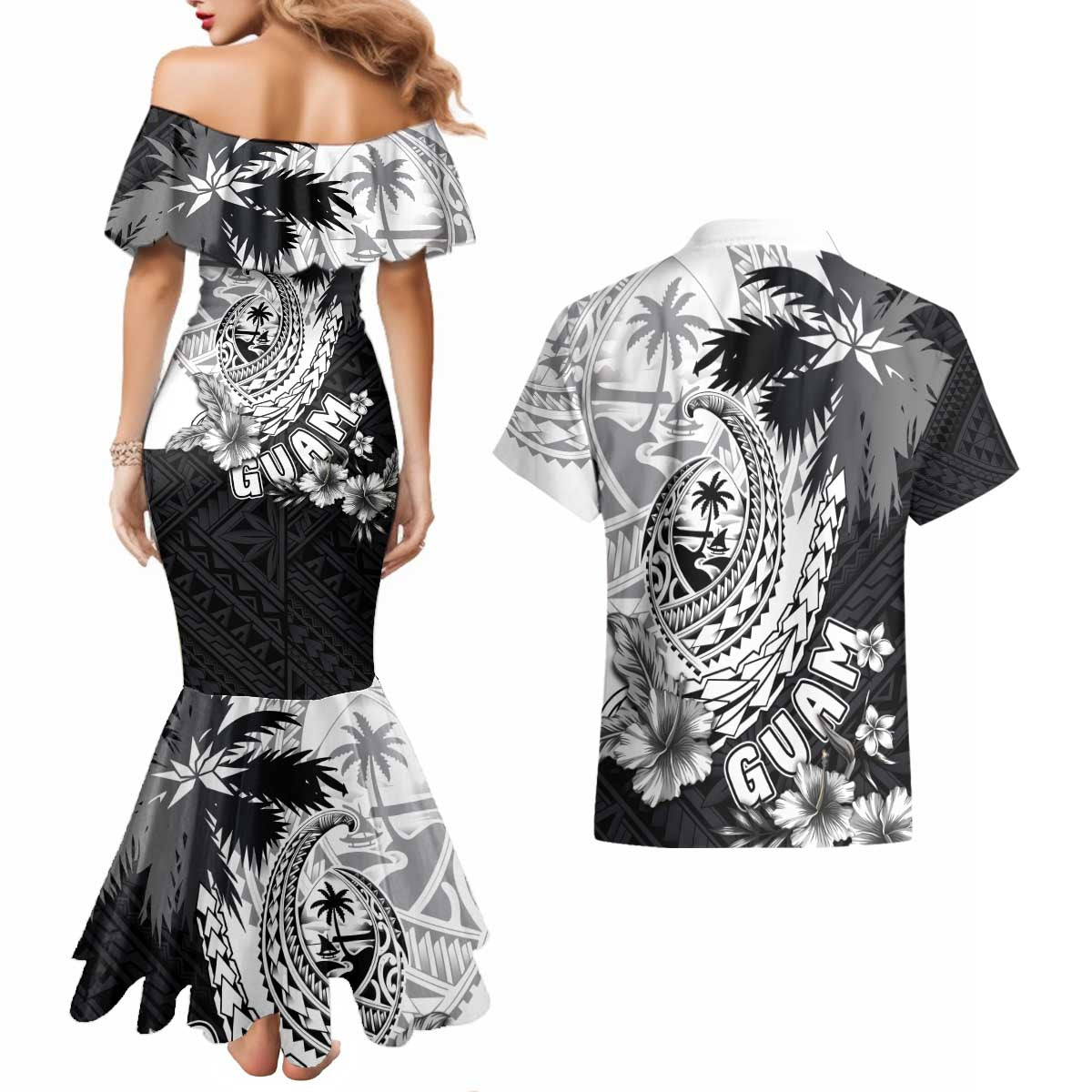 Hafa Adai Guam Couples Matching Mermaid Dress and Hawaiian Shirt Polynesian Palm Tree Tattoo Hibiscus and Plumeria Art