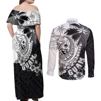Hafa Adai Guam Couples Matching Off Shoulder Maxi Dress and Long Sleeve Button Shirt Polynesian Palm Tree Tattoo Hibiscus and Plumeria Art