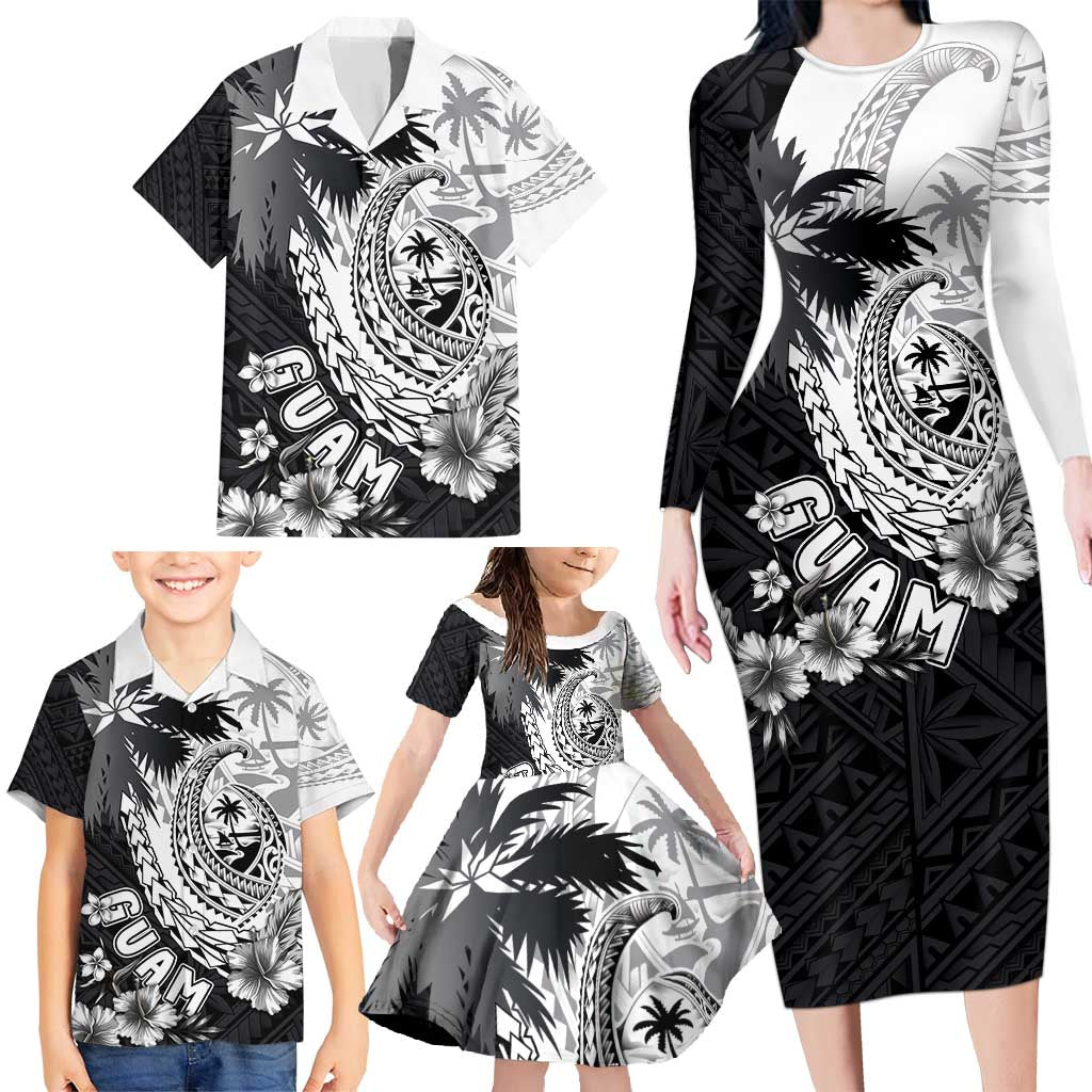Hafa Adai Guam Family Matching Long Sleeve Bodycon Dress and Hawaiian Shirt Polynesian Palm Tree Tattoo Hibiscus and Plumeria Art