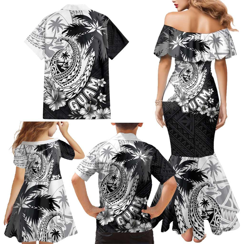 Hafa Adai Guam Family Matching Mermaid Dress and Hawaiian Shirt Polynesian Palm Tree Tattoo Hibiscus and Plumeria Art