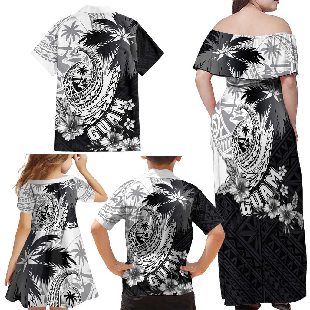 Hafa Adai Guam Family Matching Off Shoulder Maxi Dress and Hawaiian Shirt Polynesian Palm Tree Tattoo Hibiscus and Plumeria Art