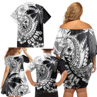 Hafa Adai Guam Family Matching Off Shoulder Short Dress and Hawaiian Shirt Polynesian Palm Tree Tattoo Hibiscus and Plumeria Art
