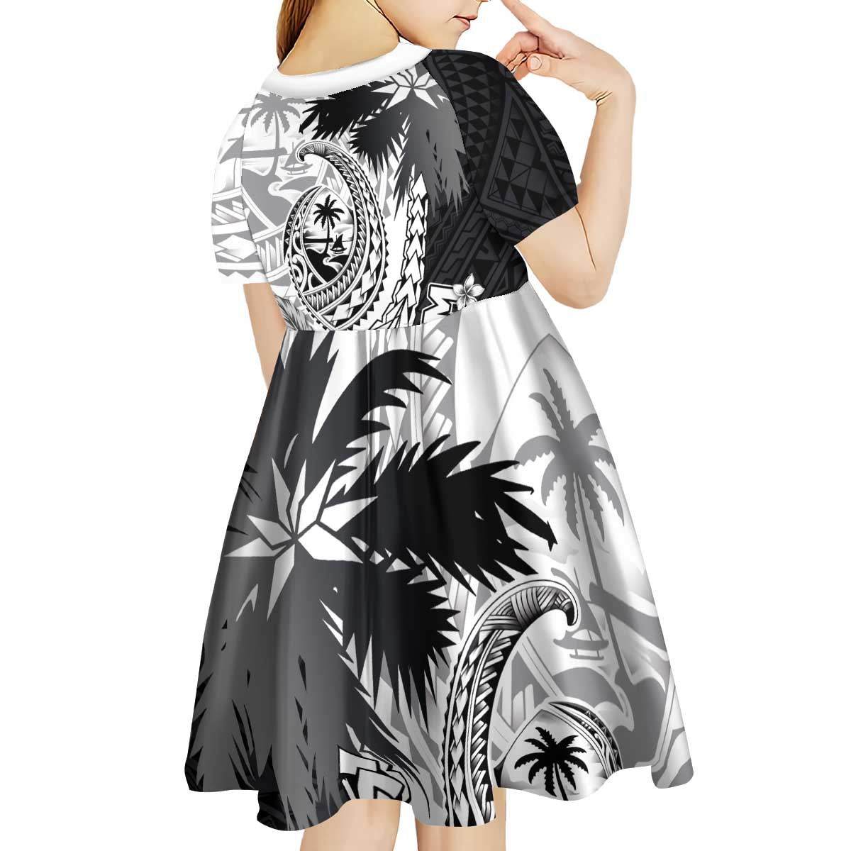 Hafa Adai Guam Kid Short Sleeve Dress Polynesian Palm Tree Tattoo Hibiscus and Plumeria Art