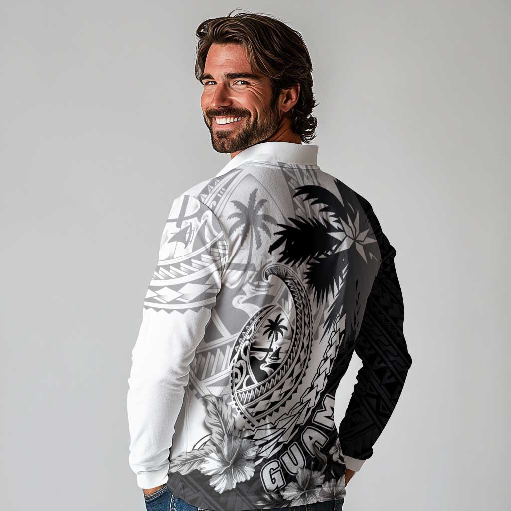 Hafa Adai Guam Long Sleeve Polo Shirt Polynesian Palm Tree Tattoo Hibiscus and Plumeria Art