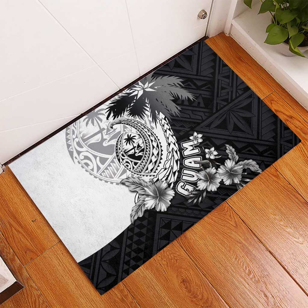 Hafa Adai Guam Rubber Doormat Polynesian Palm Tree Tattoo Hibiscus and Plumeria Art