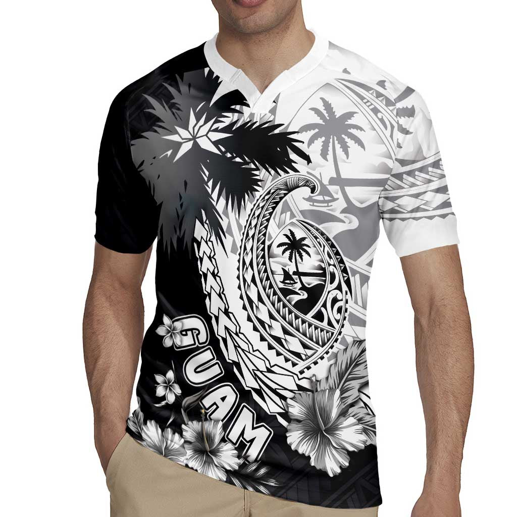 Hafa Adai Guam Rugby Jersey Polynesian Palm Tree Tattoo Hibiscus and Plumeria Art