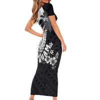 Hafa Adai Guam Short Sleeve Bodycon Dress Polynesian Palm Tree Tattoo Hibiscus and Plumeria Art