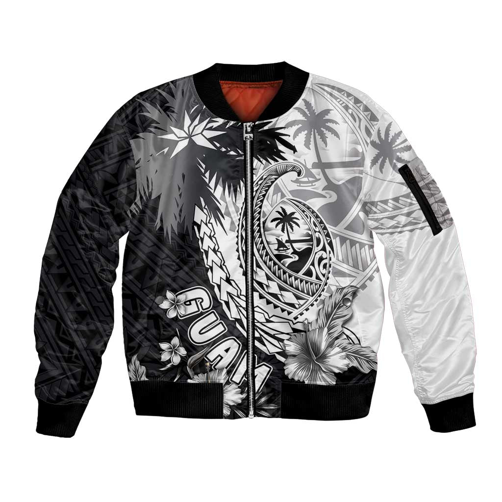Hafa Adai Guam Sleeve Zip Bomber Jacket Polynesian Palm Tree Tattoo Hibiscus and Plumeria Art LT03 Unisex Black - Polynesian Pride