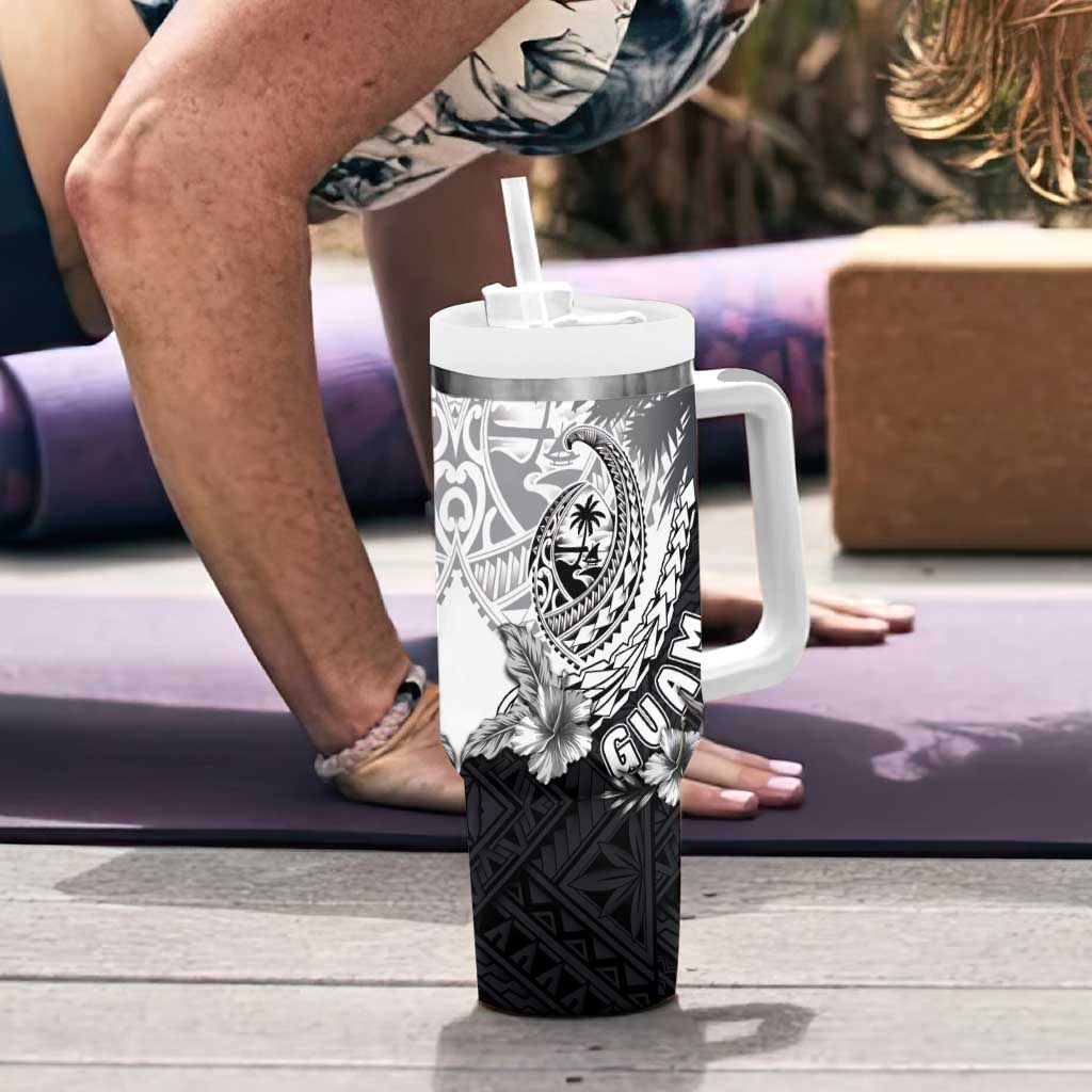 Hafa Adai Guam Tumbler With Handle Polynesian Palm Tree Tattoo Hibiscus and Plumeria Art