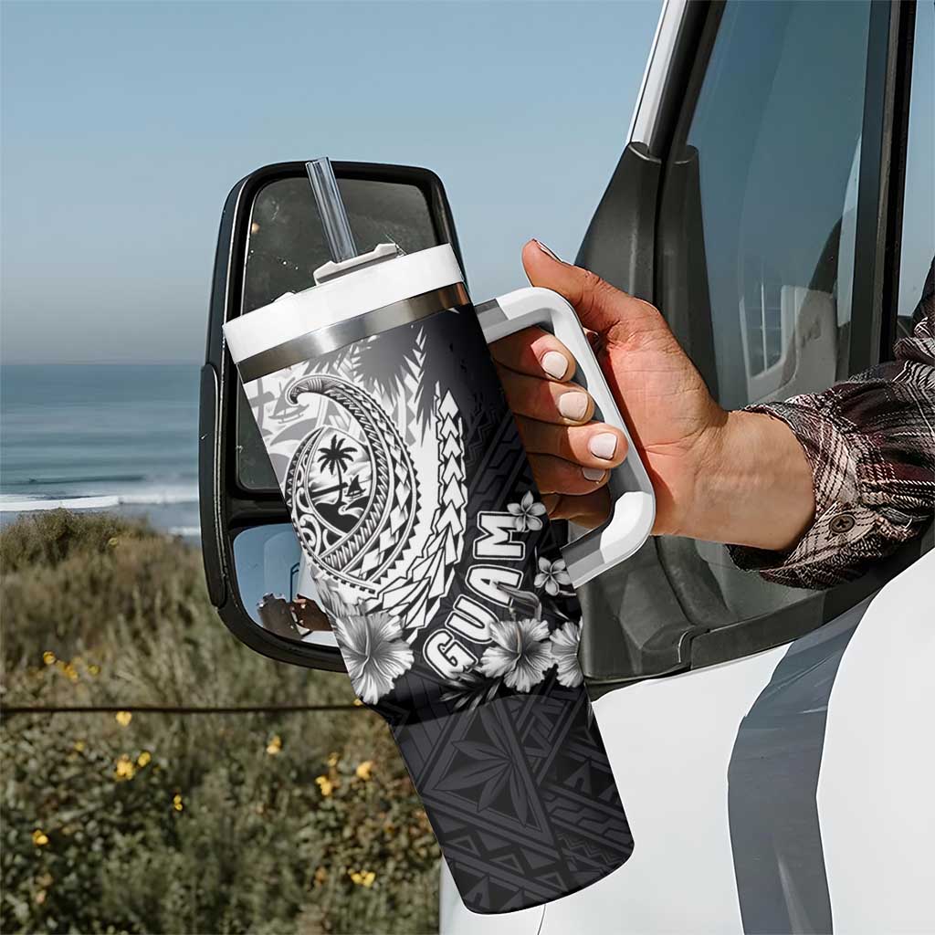 Hafa Adai Guam Tumbler With Handle Polynesian Palm Tree Tattoo Hibiscus and Plumeria Art