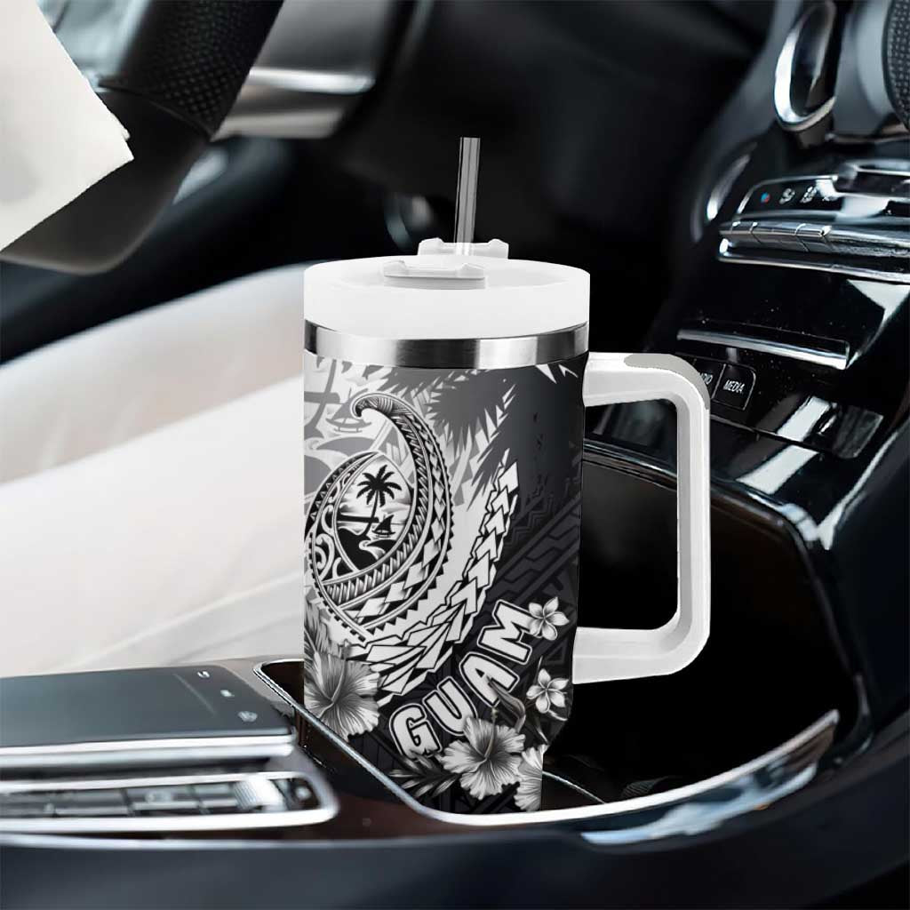 Hafa Adai Guam Tumbler With Handle Polynesian Palm Tree Tattoo Hibiscus and Plumeria Art