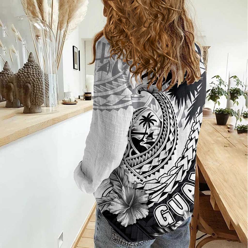 Hafa Adai Guam Women Casual Shirt Polynesian Palm Tree Tattoo Hibiscus and Plumeria Art