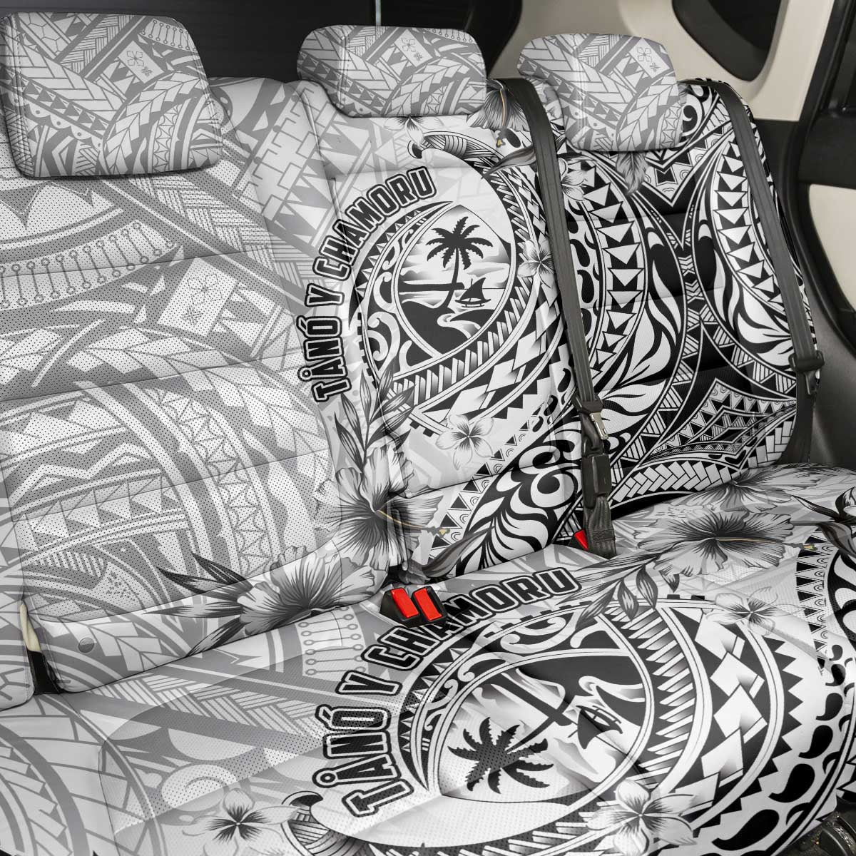 Guam-Land of the Chamorro Back Car Seat Cover Polynesian Tattoo Style Hibiscus and Plumeria Art