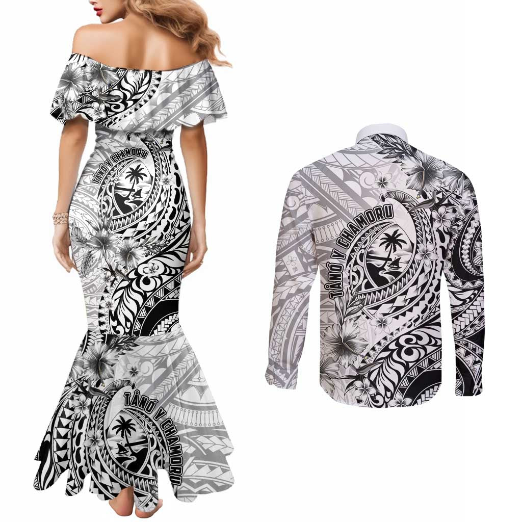 Guam-Land of the Chamorro Couples Matching Mermaid Dress and Long Sleeve Button Shirt Polynesian Tattoo Style Hibiscus and Plumeria Art