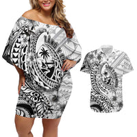 Guam-Land of the Chamorro Couples Matching Off Shoulder Short Dress and Hawaiian Shirt Polynesian Tattoo Style Hibiscus and Plumeria Art