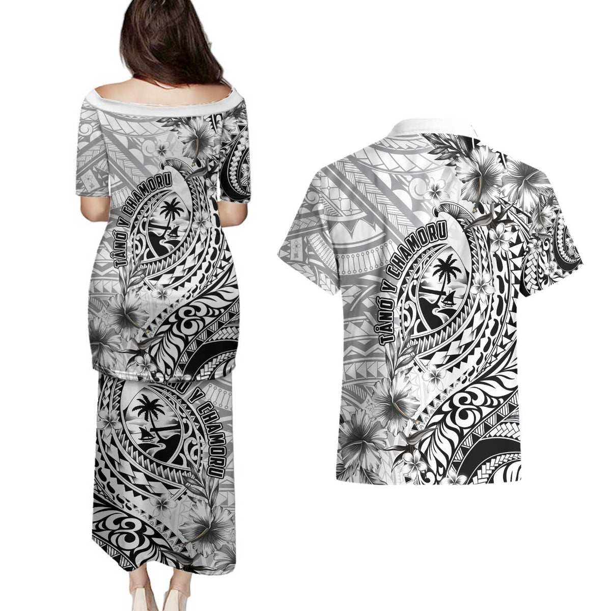 Guam-Land of the Chamorro Couples Matching Puletasi and Hawaiian Shirt Polynesian Tattoo Style Hibiscus and Plumeria Art