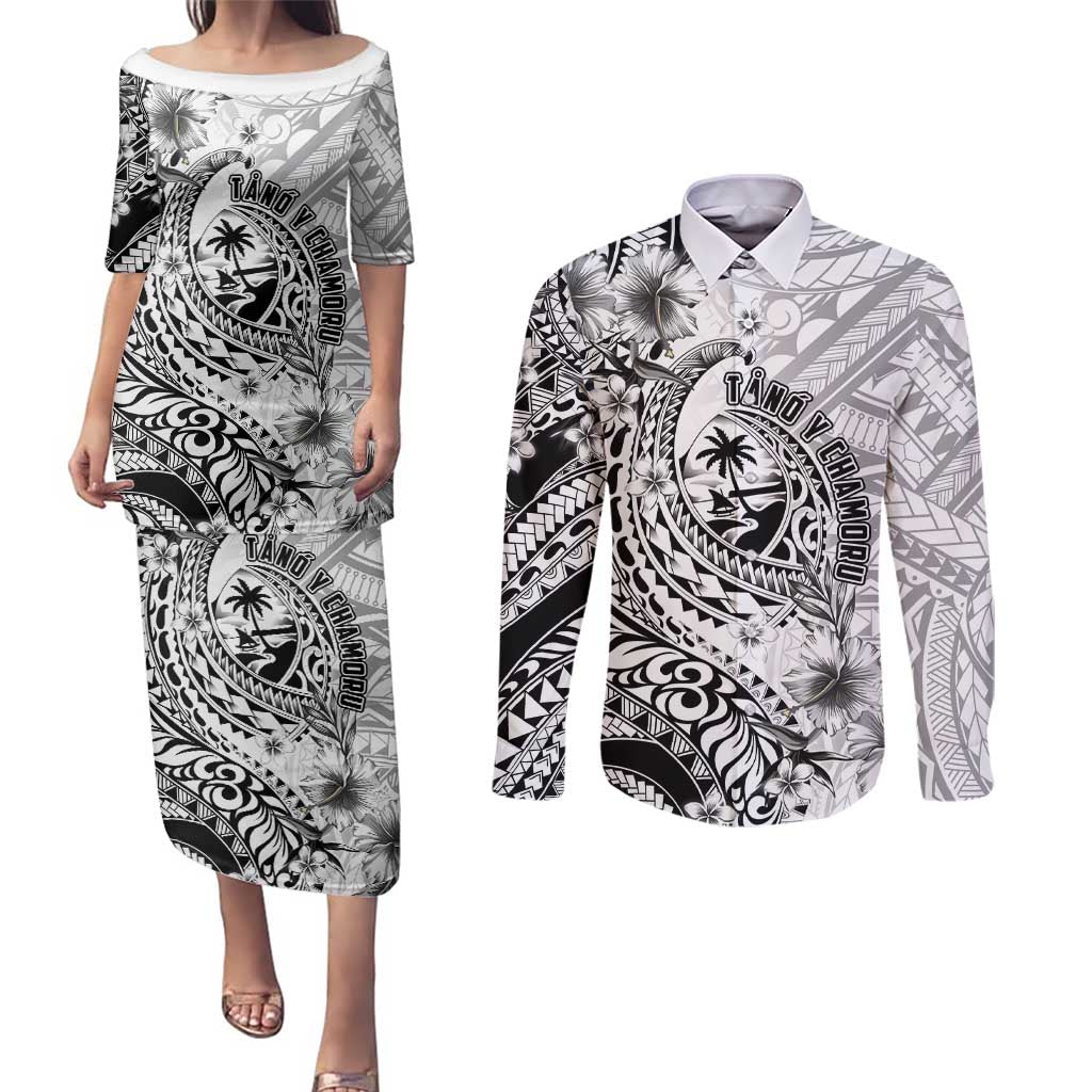 Guam-Land of the Chamorro Couples Matching Puletasi and Long Sleeve Button Shirt Polynesian Tattoo Style Hibiscus and Plumeria Art