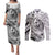 Guam-Land of the Chamorro Couples Matching Puletasi and Long Sleeve Button Shirt Polynesian Tattoo Style Hibiscus and Plumeria Art