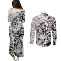 Guam-Land of the Chamorro Couples Matching Puletasi and Long Sleeve Button Shirt Polynesian Tattoo Style Hibiscus and Plumeria Art