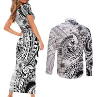 Guam-Land of the Chamorro Couples Matching Short Sleeve Bodycon Dress and Long Sleeve Button Shirt Polynesian Tattoo Style Hibiscus and Plumeria Art