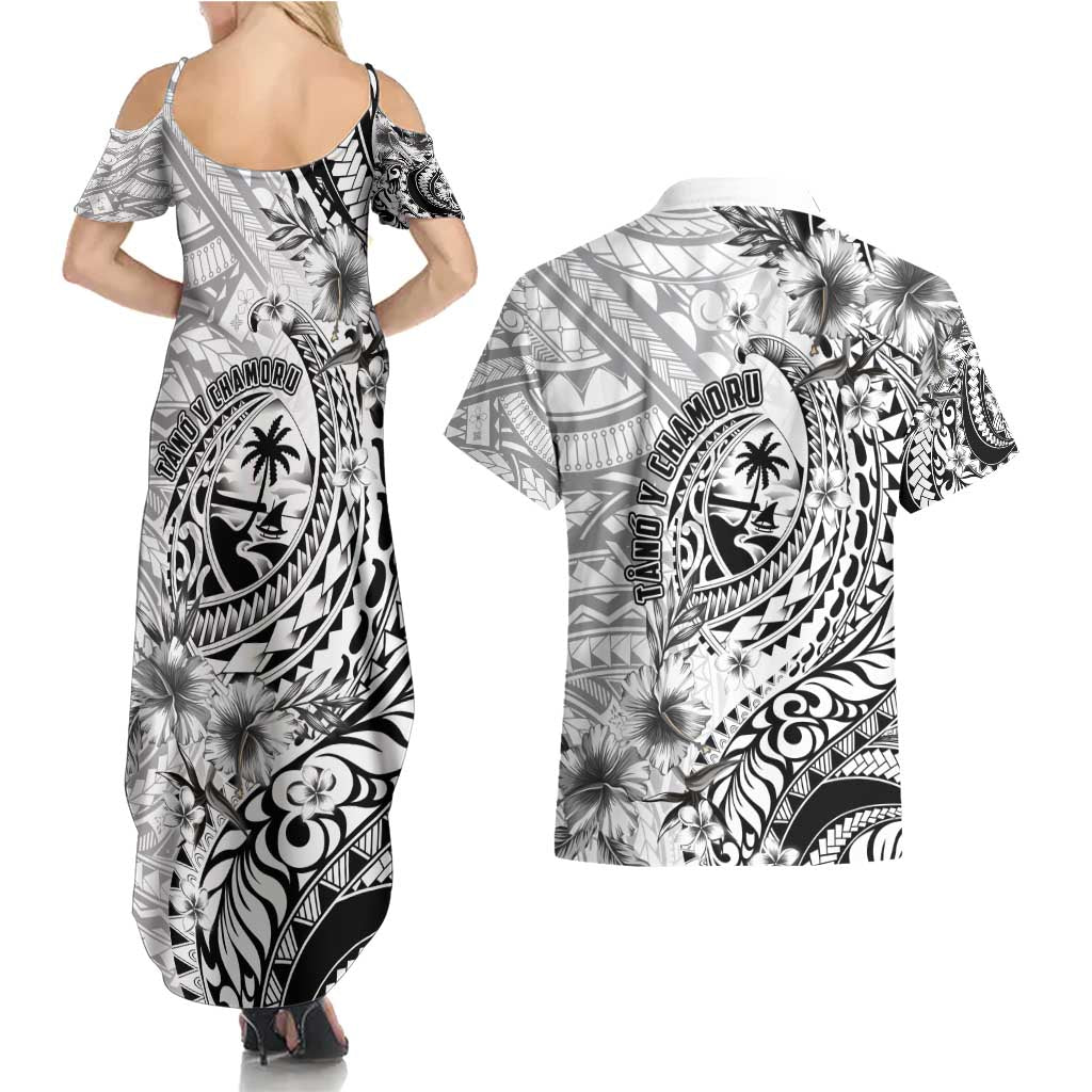 Guam-Land of the Chamorro Couples Matching Summer Maxi Dress and Hawaiian Shirt Polynesian Tattoo Style Hibiscus and Plumeria Art