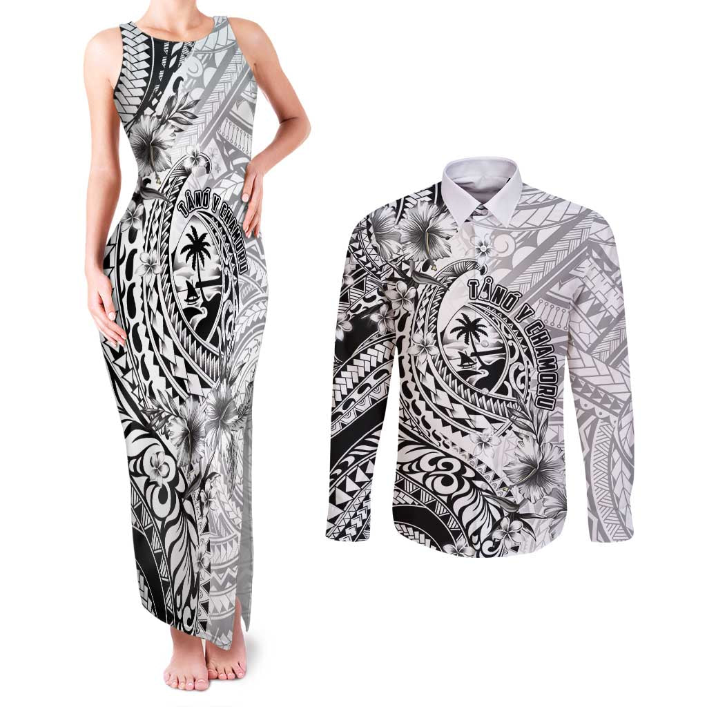 Guam-Land of the Chamorro Couples Matching Tank Maxi Dress and Long Sleeve Button Shirt Polynesian Tattoo Style Hibiscus and Plumeria Art