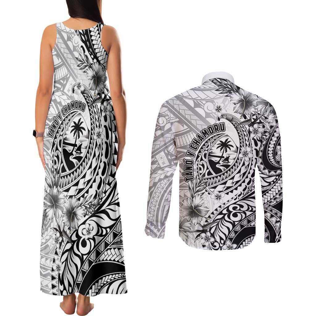 Guam-Land of the Chamorro Couples Matching Tank Maxi Dress and Long Sleeve Button Shirt Polynesian Tattoo Style Hibiscus and Plumeria Art