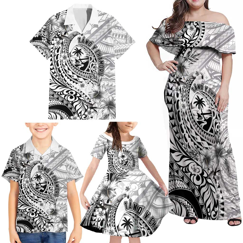Guam-Land of the Chamorro Family Matching Off Shoulder Maxi Dress and Hawaiian Shirt Polynesian Tattoo Style Hibiscus and Plumeria Art