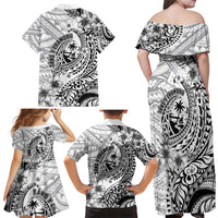 Guam-Land of the Chamorro Family Matching Off Shoulder Maxi Dress and Hawaiian Shirt Polynesian Tattoo Style Hibiscus and Plumeria Art