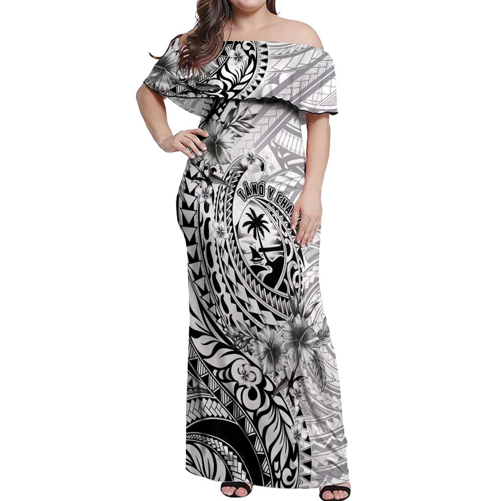 Guam-Land of the Chamorro Off Shoulder Maxi Dress Polynesian Tattoo Style Hibiscus and Plumeria Art