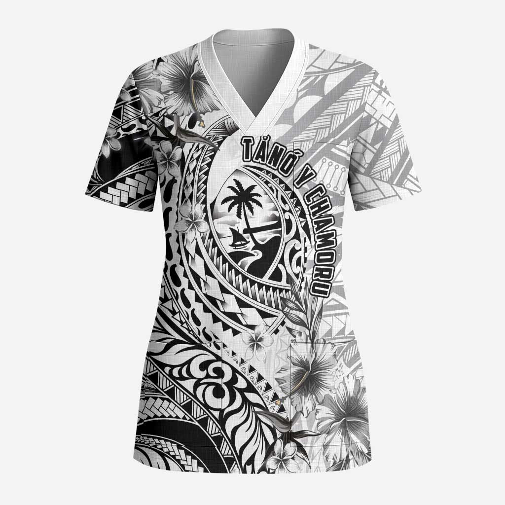 Guam-Land of the Chamorro Scrub Top Polynesian Tattoo Style Hibiscus and Plumeria Art - Polynesian Pride
