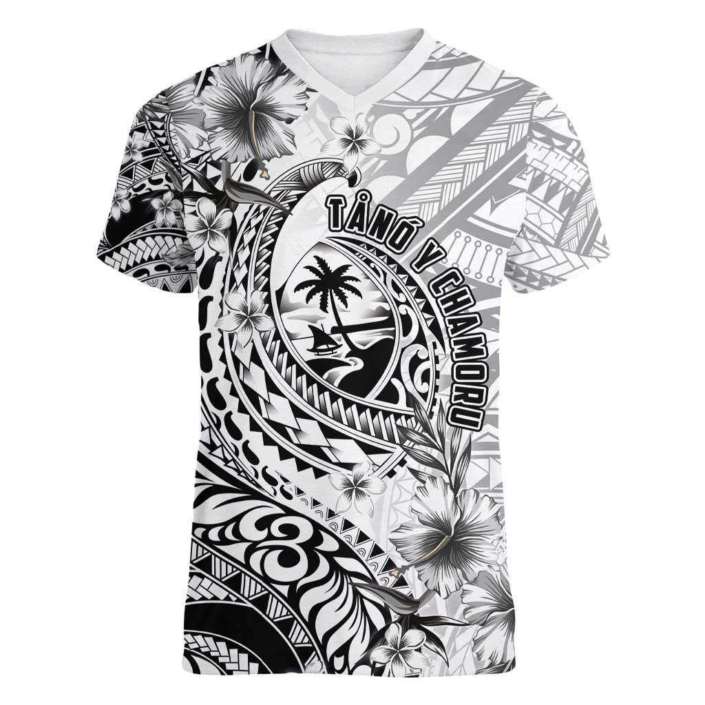 Guam-Land of the Chamorro Women V-Neck T-Shirt Polynesian Tattoo Style Hibiscus and Plumeria Art